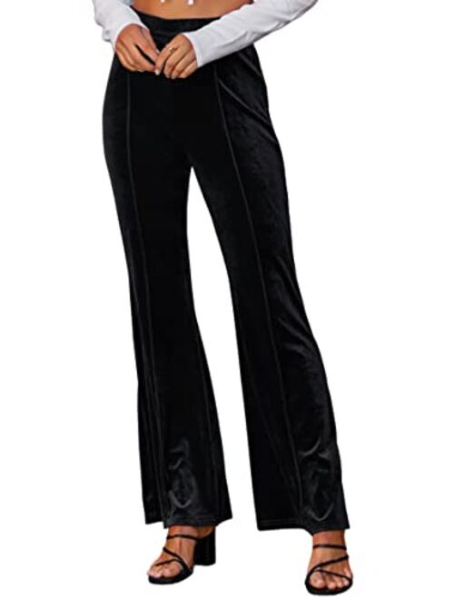 ECOWISH Womens Velvet Pants Elastic High Waist Palazzo Pants Casual Flare Long Trousers