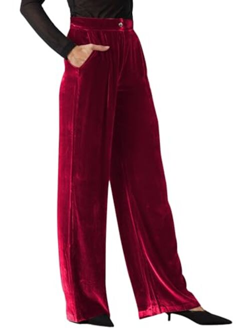 ECOWISH Womens Velvet Pants Elastic High Waist Palazzo Pants Casual Flare Long Trousers