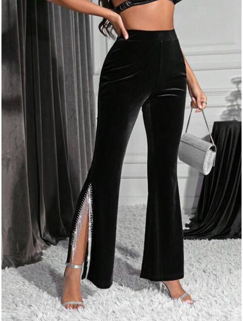 SHEIN BAE Rhinestone Fringe Trim Split Thigh Flare Leg Velvet Pants