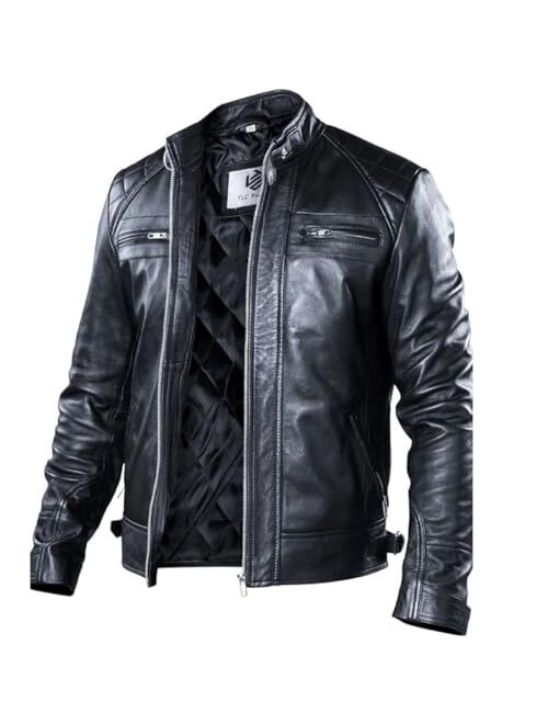 Tlc Fashion TLC Leather Motorcycle Jacket Men - Black Real Leather Jacket for Men in Sizes from XXS to 3XL - Lambskin Leather Jacket