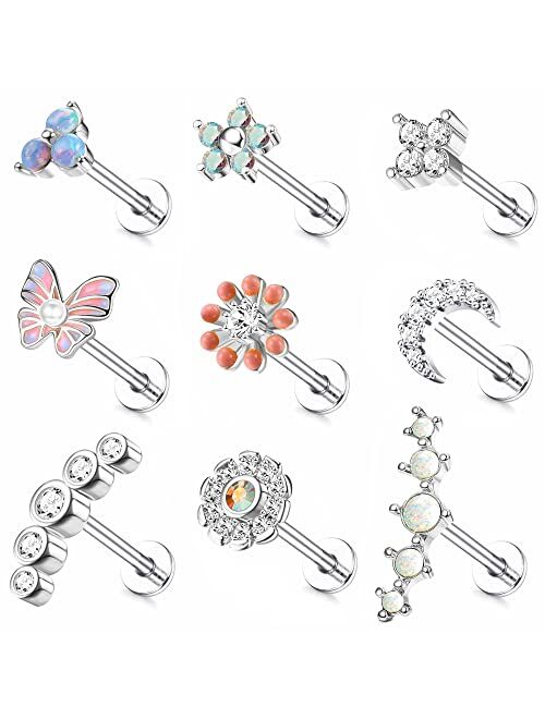 Florideco 9Pcs 16G Cartilage Earrings for Women Stainless Steel Top Screw Flat Back Earrings Butterfly Moon Opal CZ Cartilage Stud Earrings Helix Tragus Conch Labret Monr