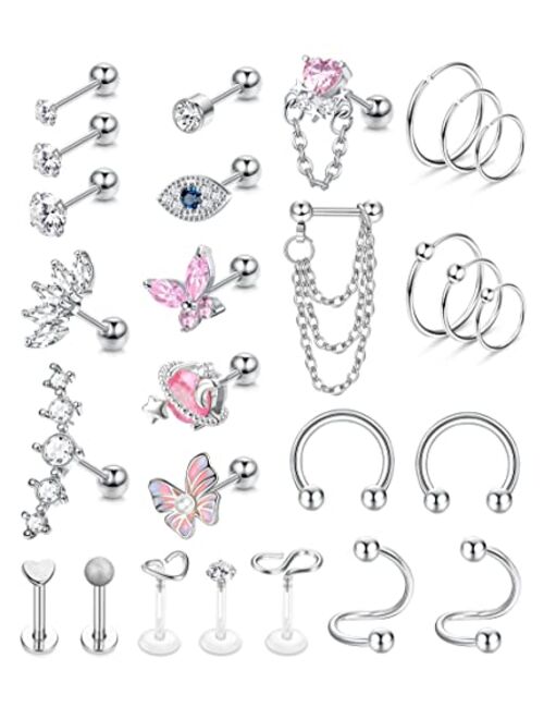 YADOCA 27Pcs 16G Cartilage Earrings For Women Men Tragus Piercing Jewelry Stainless Steel Conch Stud Hoop Earring Hypoallergenic Cz Butterfly Heart Evil Eye Cartilage Tra