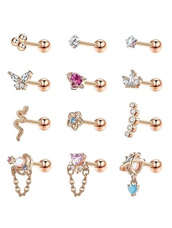 Jstyle 12Pcs 16G Cartilage Earring Stud for Women Surgical Steel Flat Back Earrings CZ Ball Heart Butterfly Flower Flatback Cartilage Earrings Tragus Helix Conch Cartilag