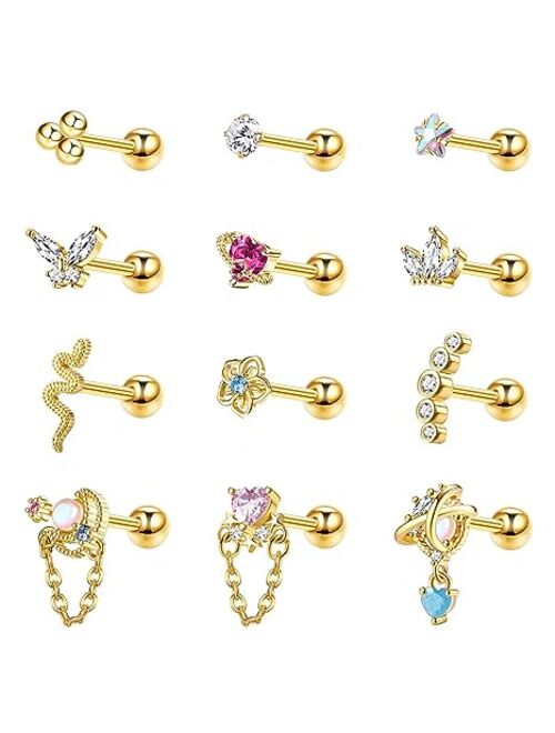 Jstyle 12Pcs 16G Cartilage Earring Stud for Women Surgical Steel Flat Back Earrings CZ Ball Heart Butterfly Flower Flatback Cartilage Earrings Tragus Helix Conch Cartilag