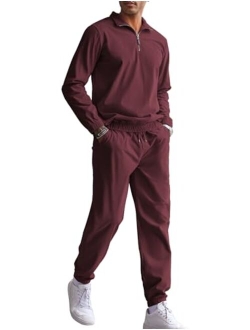 Men's 2 Piece Outfits Casual Long Sleeve Quarter Zip Polo Shirt Corduroy Pant Sets Fall Fashion Tracksuits