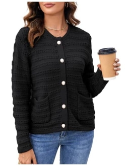 Women Button Down Sweater Jackets Long Sleeve Open Front Chunky Cropped Cardigan with Pockets