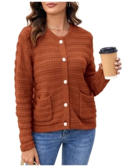 Women Button Down Sweater Jackets Long Sleeve Open Front Chunky Cropped Cardigan with Pockets