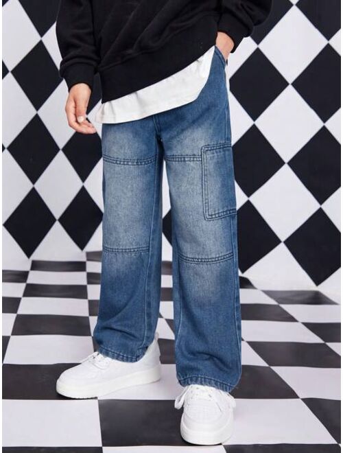 Shein Tween Boy Bleach Wash Patched Pocket Straight Leg Jeans