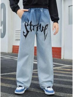 Boys' Casual Simple Front Printed Denim Wide Leg Pants