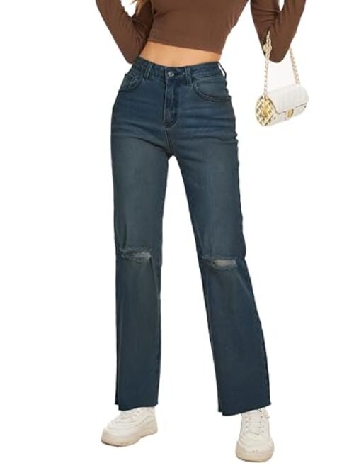 KICZOY Women Straight Ankle Jeans Casual Loose High Waist Solid Denim Pants