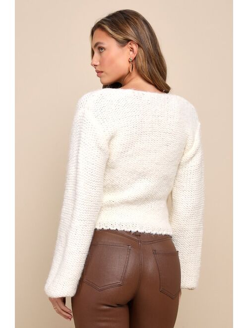 Lulus Delightfully Warm Ivory Fuzzy Surplice Pullover Sweater