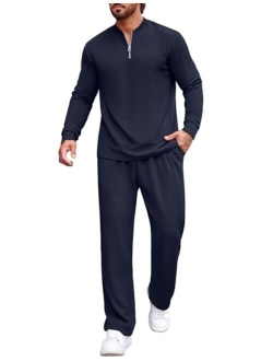 Men's 2 Piece Tracksuit Set Polo Athletic Sweatsuit Quarter Zip Jogging Long Sleeve Casual Sports Outfits