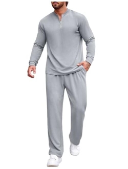 Men's 2 Piece Tracksuit Set Polo Athletic Sweatsuit Quarter Zip Jogging Long Sleeve Casual Sports Outfits