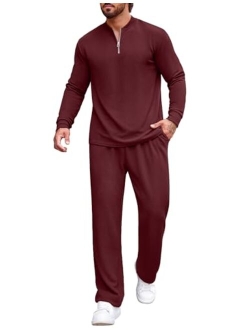 Men's 2 Piece Tracksuit Set Polo Athletic Sweatsuit Quarter Zip Jogging Long Sleeve Casual Sports Outfits