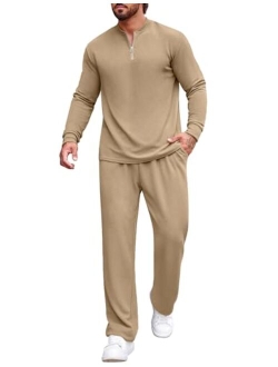Men's 2 Piece Tracksuit Set Polo Athletic Sweatsuit Quarter Zip Jogging Long Sleeve Casual Sports Outfits