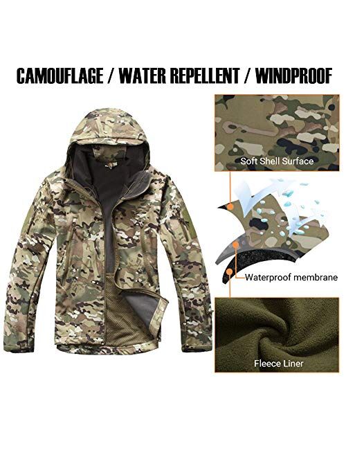 CARWORNIC Men's Camo Quiet Hunting Jacket Waterproof Softshell Fleece Lined Camouflage Outdoor Hiking Fishing Coat