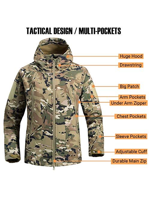 CARWORNIC Men's Camo Quiet Hunting Jacket Waterproof Softshell Fleece Lined Camouflage Outdoor Hiking Fishing Coat