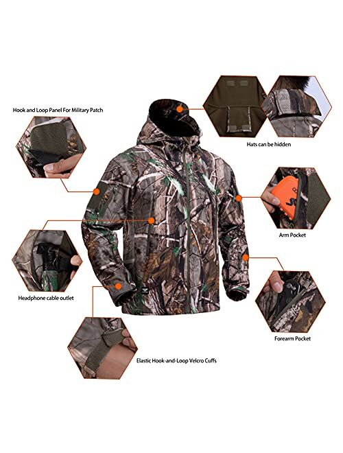 YEVHEV Hunting Jacket for Men Quiet Hunting Camouflage Clothing Hoodie Camo Coat Water-Repellent Windproof