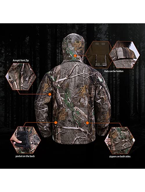 YEVHEV Hunting Jacket for Men Quiet Hunting Camouflage Clothing Hoodie Camo Coat Water-Repellent Windproof