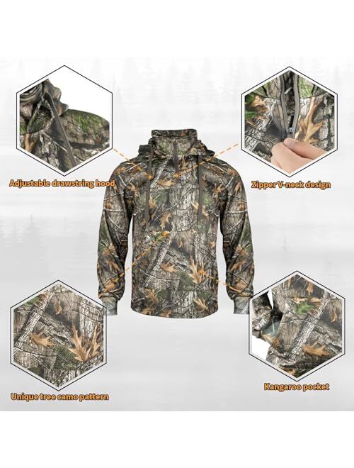 LOOGU Men's Camo Hunting Hoodie Fleece Lining Performance Pullover Hoodies with Kangaroo Pocket for Hunting Hiking Fishing