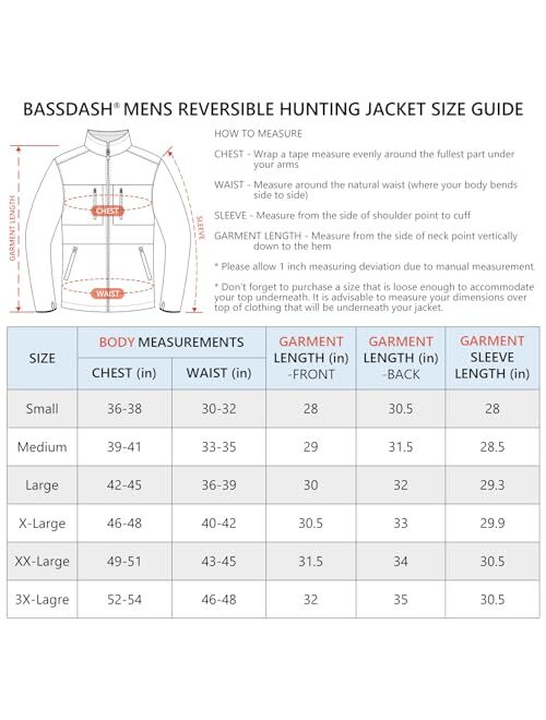 BASSDASH Mens Reversible Insulated Hunting Jacket Lightweight Silent Water Resistant Windproof Camo Fishing Winter Coat