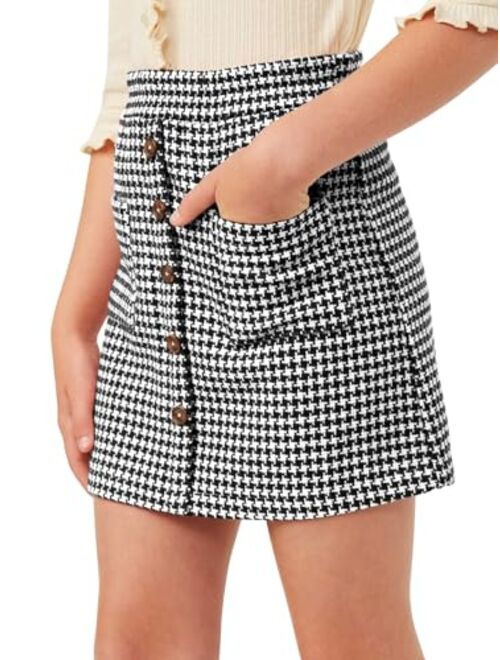 Haloumoning Girls Mini Skirts Kids Front Pocket Button Houndstooth Skirt Fashion Clothes 5-14 Years