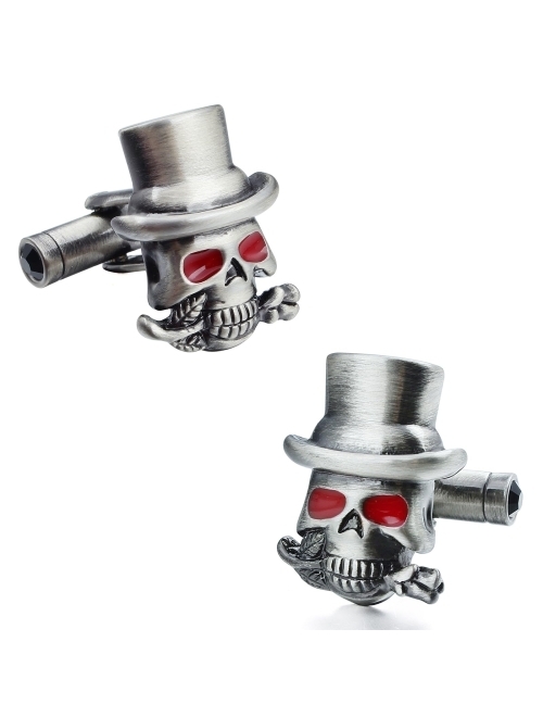 Hawson Sillver Tone Halloween Gentleman's red eye socket skull Cufflinks For Men With Gift Box.