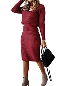 Women's Casual 2 Piece Outfits Turtleneck Cable Knit Sweater and Bodycon Skirt Sets