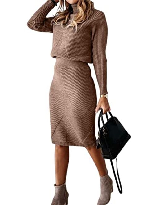 chouyatou Women's Casual 2 Piece Outfits Turtleneck Cable Knit Sweater and Bodycon Skirt Sets