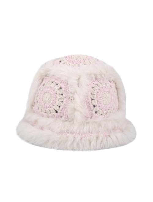 kozinu Crochet Bucket Hat for Women Knit Handmade Foldable Floppy Warm Cap Fashion Cute Fishing Hat Striped Floral Winter hat