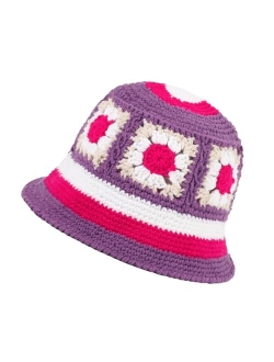 Kozinu Crochet Bucket Hat for Women Knit Beanies Cap Handmade Foldable Floppy Beach Hat Fashion Cute Striped Floral Fishing Hat