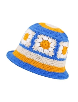 Kozinu Crochet Bucket Hat for Women Knit Beanies Cap Handmade Foldable Floppy Beach Hat Fashion Cute Striped Floral Fishing Hat