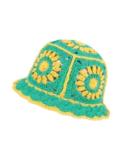 Kozinu Crochet Bucket Hat for Women Knit Beanies Cap Handmade Foldable Floppy Beach Hat Fashion Cute Striped Floral Fishing Hat