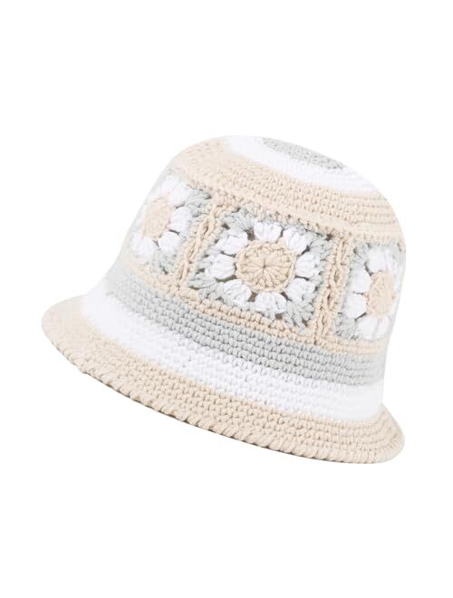 Kozinu Crochet Bucket Hat for Women Knit Beanies Cap Handmade Foldable Floppy Beach Hat Fashion Cute Striped Floral Fishing Hat