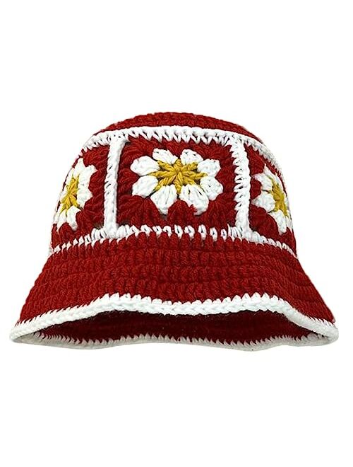 Hzxsny Floral Crochet Hat for Women Handmade Bucket Hats Foldable Multicolor Bucket Cap Casual Fisherman Caps Crochet Sun Hat 2023