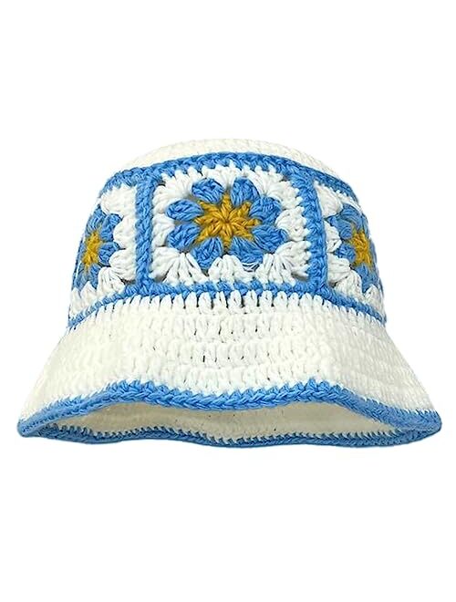 Hzxsny Floral Crochet Hat for Women Handmade Bucket Hats Foldable Multicolor Bucket Cap Casual Fisherman Caps Crochet Sun Hat 2023