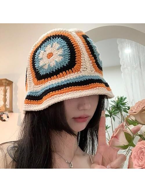 OSOPLAY Crochet Knitted Hat Handmande Bucket Hat Summer Floral Beanies Cap (Orange)