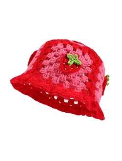 Fiewmay Crochet Bucket Hat for Women Handmade Floral Hat Portable Knitted Elastic Cute Beach Hat for Vacation Traveling