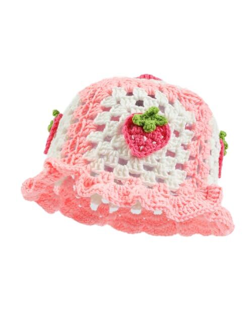 Fiewmay Crochet Bucket Hat for Women Handmade Floral Hat Portable Knitted Elastic Cute Beach Hat for Vacation Traveling