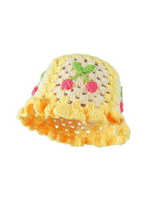 Fiewmay Crochet Bucket Hat for Women Handmade Floral Hat Portable Knitted Elastic Cute Beach Hat for Vacation Traveling