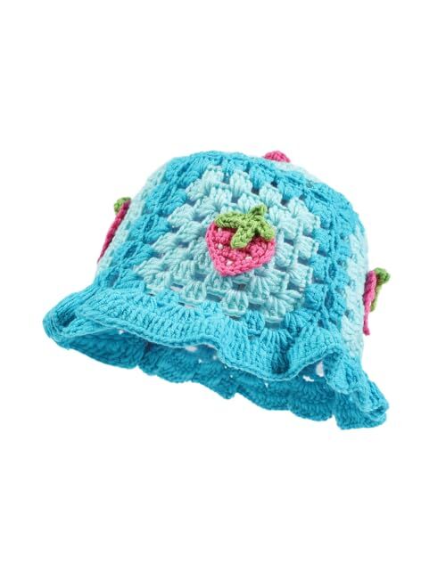 Fiewmay Crochet Bucket Hat for Women Handmade Floral Hat Portable Knitted Elastic Cute Beach Hat for Vacation Traveling