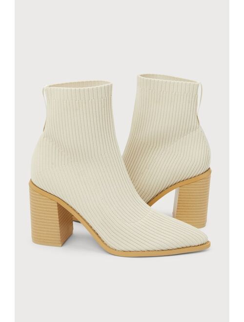 Lulus Farlie Almond Ribbed Knit Pointed-Toe Sock Boots