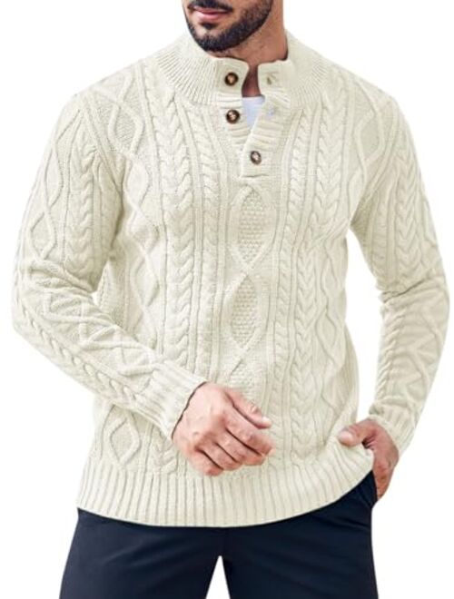 Gafeng Mens Mock Neck Pullover Sweater Casual Slim Fit Cable Knit Button Up Thermal Lightweight Winter Sweaters Knitwear