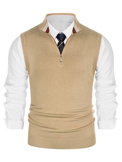 Mens Sweater Vest Quarter Zip Stand Collar Knitted Sweater Vests Sleeveless Pullover Knitwear