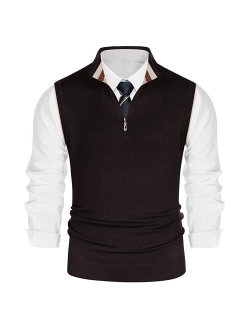 Mens Sweater Vest Quarter Zip Stand Collar Knitted Sweater Vests Sleeveless Pullover Knitwear