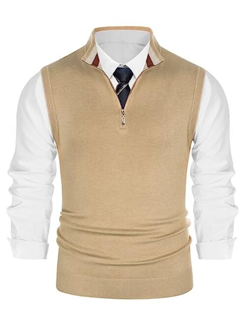 PJ PAUL JONES Mens Sweater Vest Quarter Zip Stand Collar Knitted Sweater Vests Sleeveless Pullover Knitwear