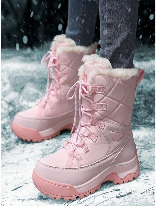 Shein Women's Winter Warmth Snow Boots With Trendy Laces, Thick Sole, Waterproof, Slip-resistant For Outdoor Activities Like Climbing, Hiking, Etc.