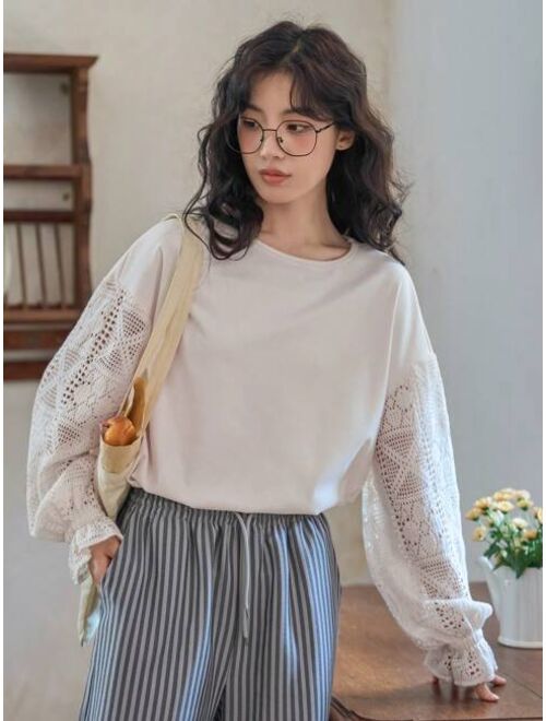 FRIFUL Solid Color Lace Patchwork Long Sleeved T-shirt