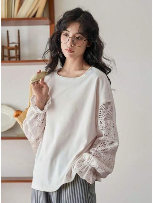 FRIFUL Solid Color Lace Patchwork Long Sleeved T-shirt