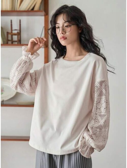 FRIFUL Solid Color Lace Patchwork Long Sleeved T-shirt